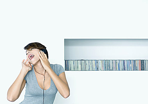 女人,听,耳机,架子,cd,背景