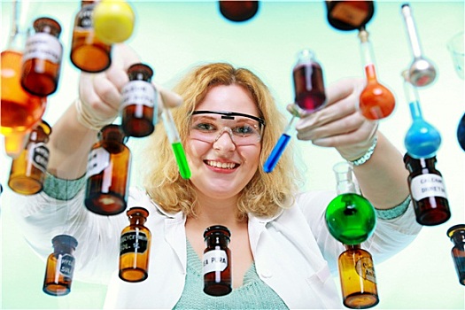 化学家,女人,化学品,玻璃器皿,管