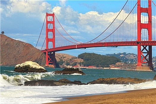 风景,著名,红色,金门大桥,做糕点,海滩,旧金山,美国