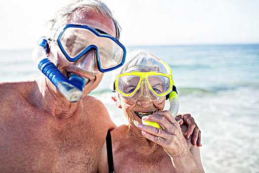 高兴,老年,夫妻,潜水面具,海滩,头像,晴天