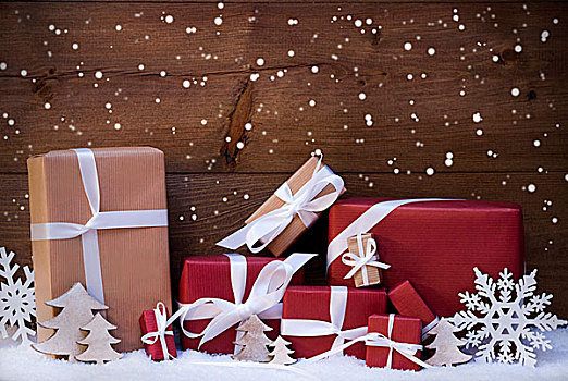 红色,圣诞礼物,装饰,白色,丝带,雪花