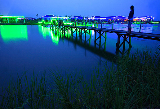 木桥,水,夜色,农家乐,酒店,水草