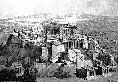 重建,雅典卫城,雅典,木刻,希腊,欧洲