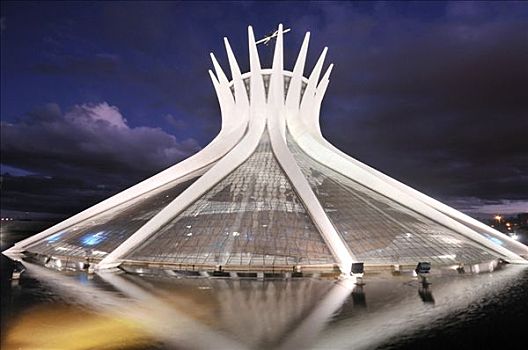 大教堂,夜晚,建筑师,奥斯卡-涅梅耶,巴西利亚,联邦,巴西,南美
