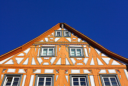 半木结构房屋,山墙,老城,阿沙芬堡,弗兰克尼亚,巴伐利亚,德国,欧洲