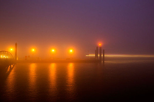 雾,日出,港口,汉堡市,德国