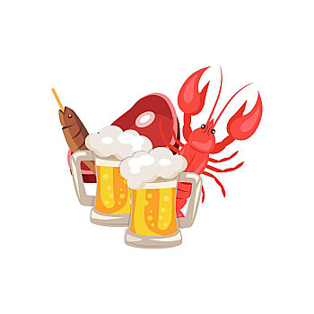 啤酒,食物,矢量,插画,白色背景,背景,两个,品脱,小龙虾,鱼肉,块,火腿