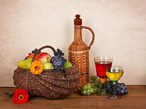 静物,葡萄酒,水果,花