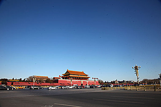 天安门,故宫,中国,北京,天安门广场,五星红旗,华表,全景,地标,传统,蓝天