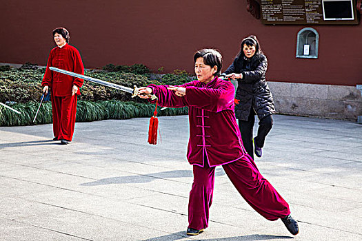 中国,杭州,女人,男人,早晨,练习,剑