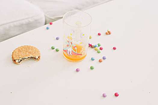 甜食,散开,桌上,玻璃,果汁