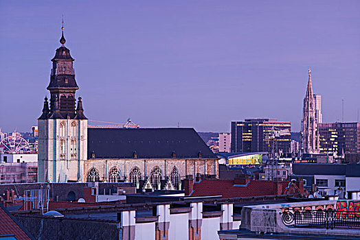 比利时,布鲁塞尔,地点,俯视图,教堂,黎明