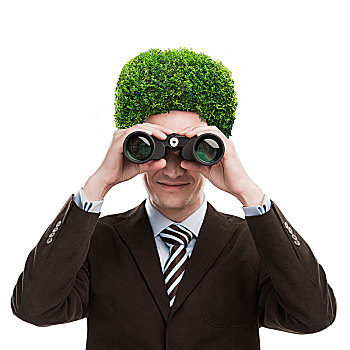 男人,绿色植物,头部,喜爱,自然,照顾,环境,概念,隔绝,白色背景,背景