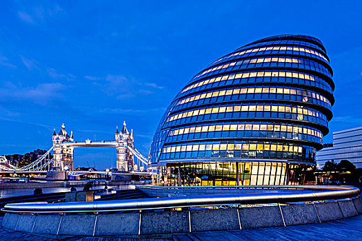 市政厅,塔桥,夜晚,伦敦,英格兰,英国,欧洲