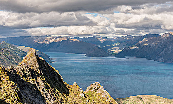 湖,山脉全景,顶峰,奥塔哥,南岛,新西兰,大洋洲