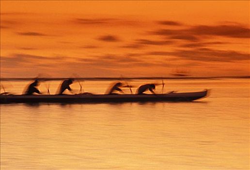 夏威夷,独木舟,桨手,日落,橙色天空