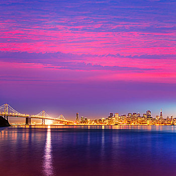旧金山,日落,天际线,海湾大桥,加利福尼亚,反射,湾,水,美国