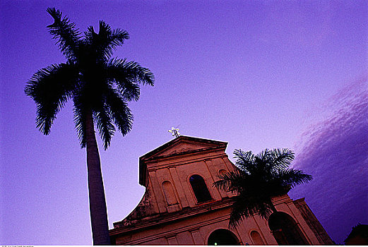 建筑,棕榈树,黄昏,西恩富戈斯,古巴