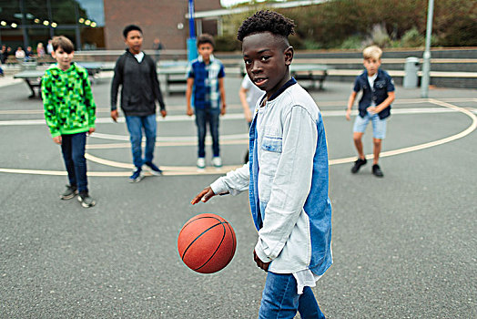 头像,自信,8-12岁,男孩,玩,篮球,校园