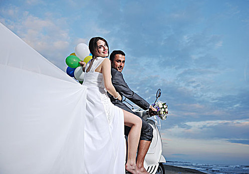 婚礼,新郎,新娘,结婚,情侣,海滩,乘,白人,开心
