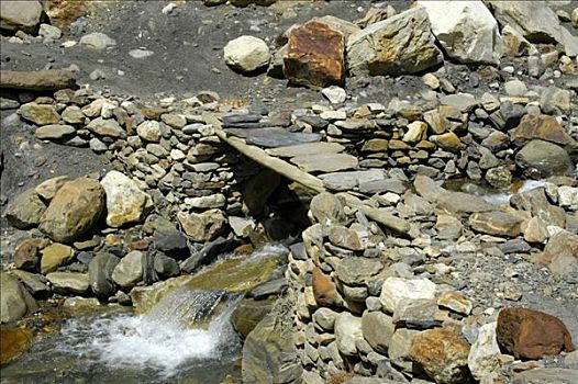 简单,桥,木头,石头,上方,溪流,安娜普纳地区,尼泊尔