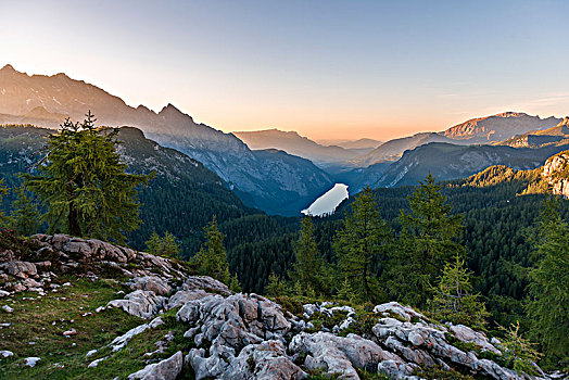 全景,风景,上方,左边,瓦茨曼山,日落,国家公园,贝希特斯加登地区,上巴伐利亚,巴伐利亚,德国,欧洲
