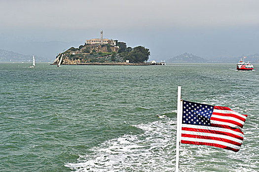 阿尔卡特拉斯岛,岛屿,风景,渡轮,美洲,旗帜,旧金山,加利福尼亚,美国