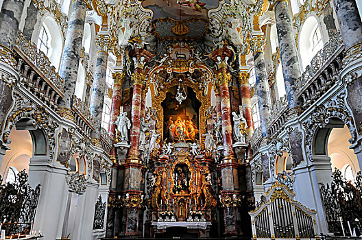 内景,主祭台,朝圣教堂,洛可可风格,世界遗产,市区,上巴伐利亚,巴伐利亚,德国,欧洲