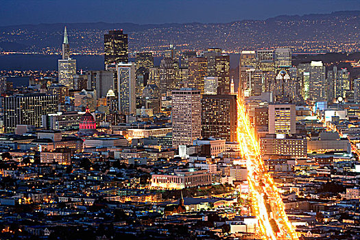 俯拍,城市,光亮,黄昏,旧金山,加利福尼亚,美国