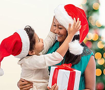 休假,礼物,圣诞节,概念,高兴,母子,女孩,圣诞老人,帽子,礼盒