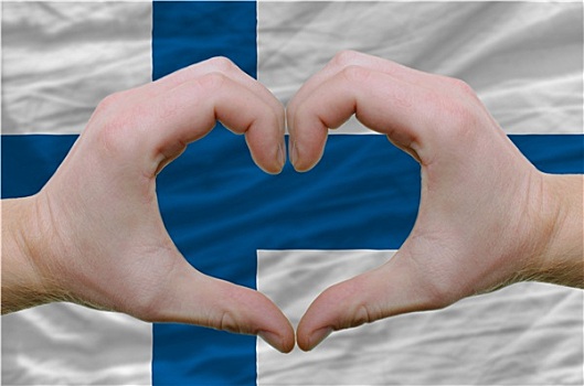心形,喜爱,手势,展示,上方,旗帜,芬兰,背影