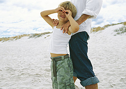 男孩,握手,眼睛,倚靠,父亲,海滩