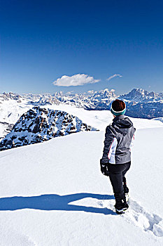 滑雪,登山者,山,西玛,高处,白云岩,背影,特兰迪诺,意大利,欧洲