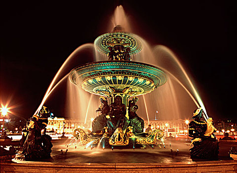 夜景,喷泉,地点,协和飞机,巴黎,法国,欧洲