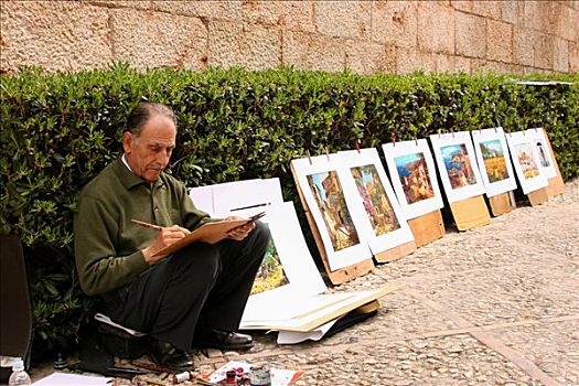 艺术家,绘画,展示,出售,老城,帕尔马,马略卡岛,西班牙,欧洲