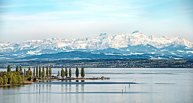 风景,康士坦茨湖,积雪,阿尔卑斯山,全景,巴登符腾堡,德国,欧洲