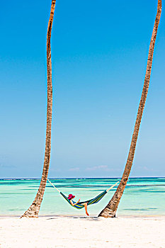 海滩,干盐湖,蓬塔卡纳,多米尼加共和国,女人,放松,吊床