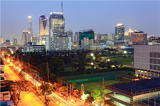 曼谷,城市,摩天大楼,光影,高速公路