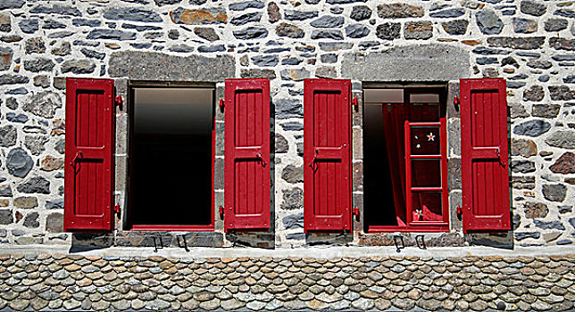 两个,窗户,红色,百叶窗