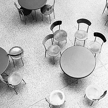 圆,桌子,椅子,站立,空,咖啡,室内,俯视,单色调,方图