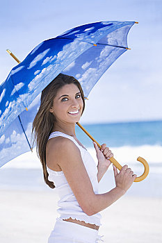 女人,海滩,拿着,伞