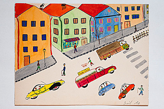 街道,房子,彩色,汽车,绘画,11岁,德国,欧洲
