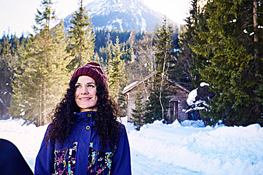 女人,针织帽,注视,雪,树林,奥地利