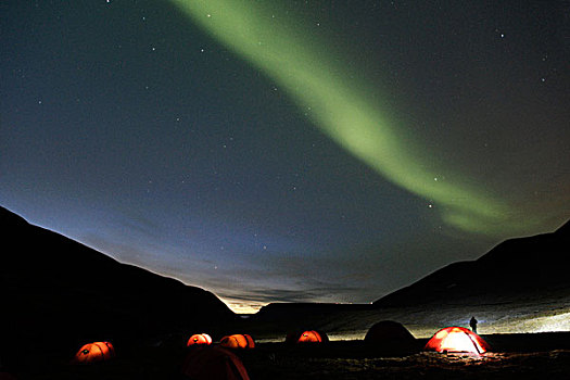 绿色,北极光,高处,帐蓬,露营,斯匹次卑尔根岛,斯瓦尔巴特群岛,挪威,斯堪的纳维亚,欧洲