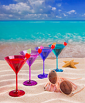 彩色,鸡尾酒,排列,樱桃,热带,沙滩,蓝绿色海水