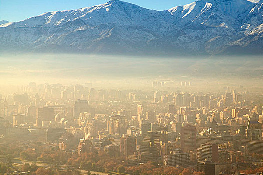 城市,圣地亚哥,安迪斯山脉,早晨,雾气,智利