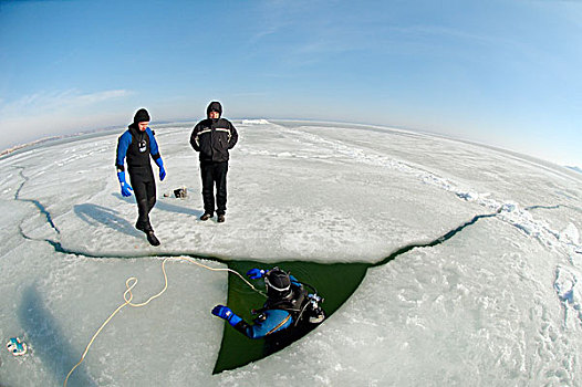 准备,潜水,冰冻,黑海,稀有,现象,敖德萨,乌克兰,东欧