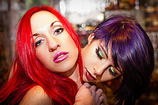 头像,两个,姿势,女性朋友,红色,紫色,头发