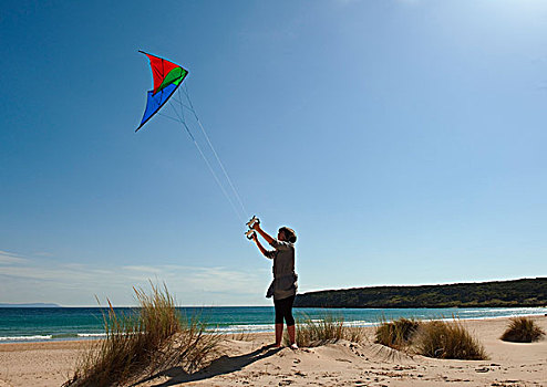 女孩,放风筝,海滩,哥斯达黎加,安达卢西亚,西班牙