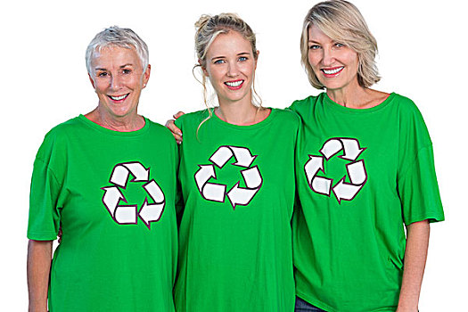 三个女人,穿,绿色,再循环,t恤,看镜头,微笑